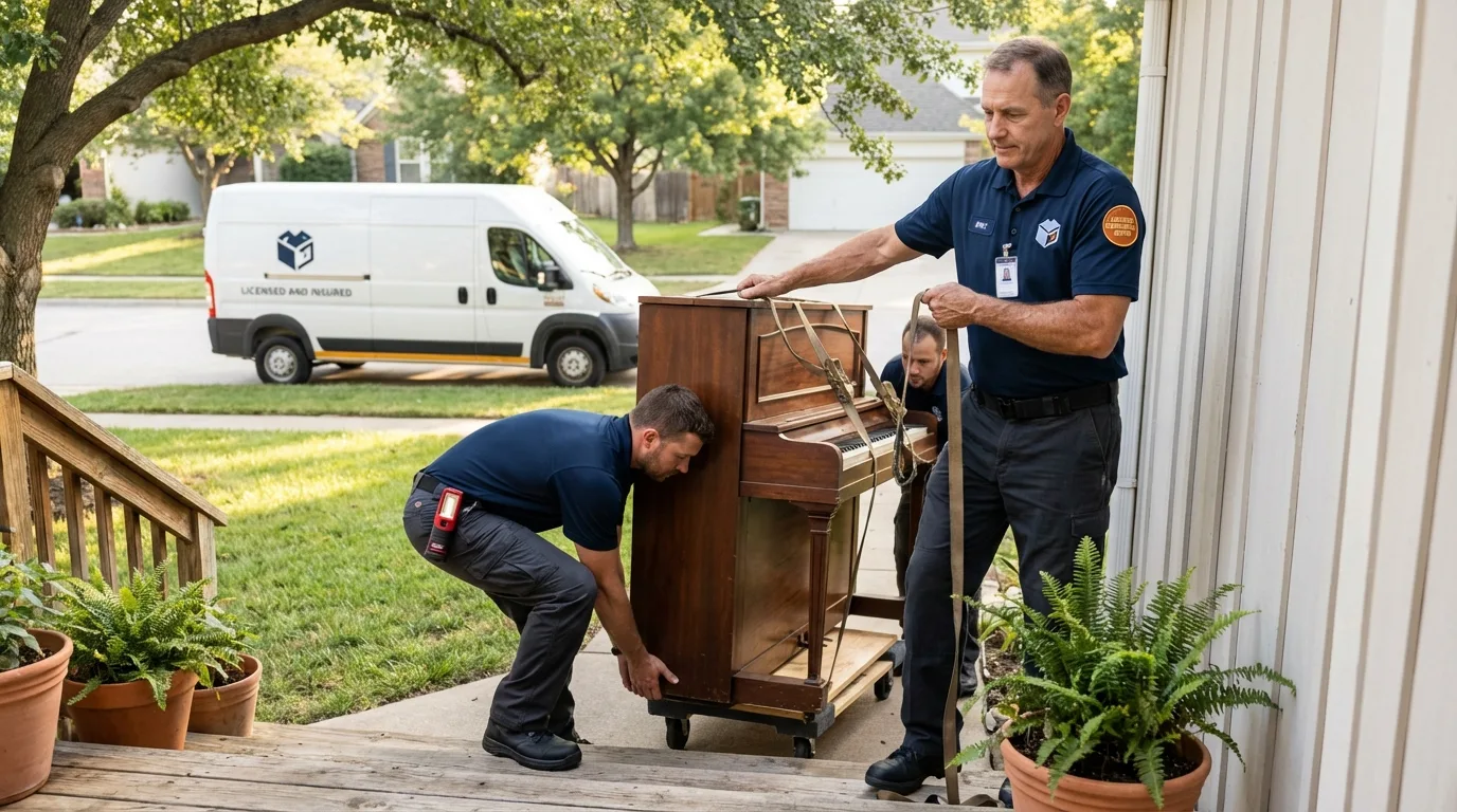 Licensed piano movers securing grand piano in Accomac, VA