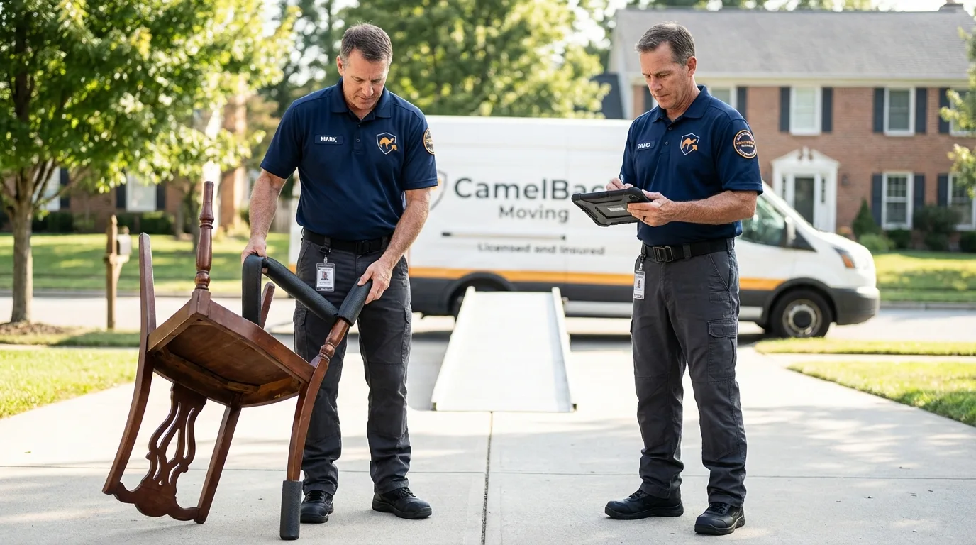 Movers inspecting furniture for damage prevention before loading in Accomac, VA