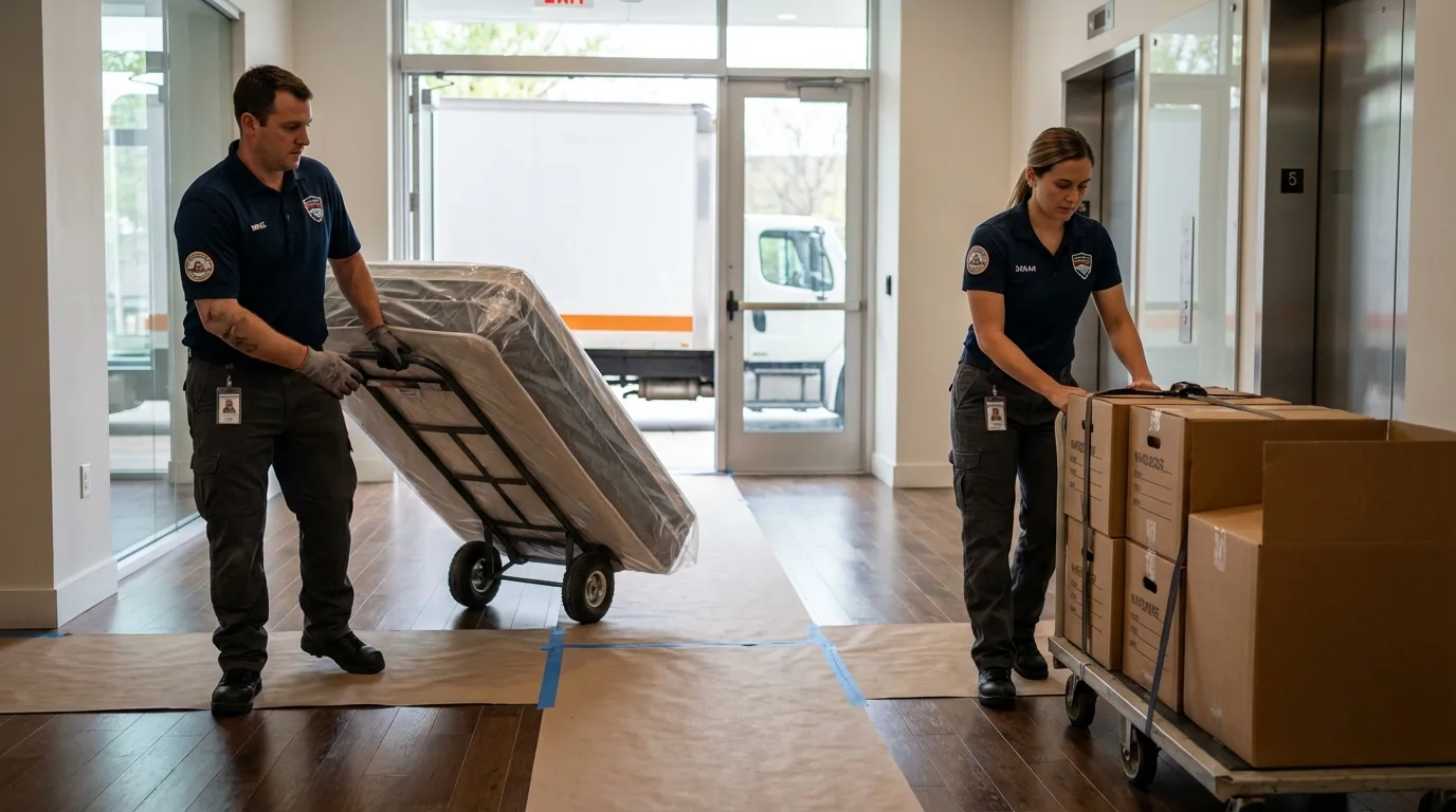 Professional apartment movers loading elevator in Accomac, VA